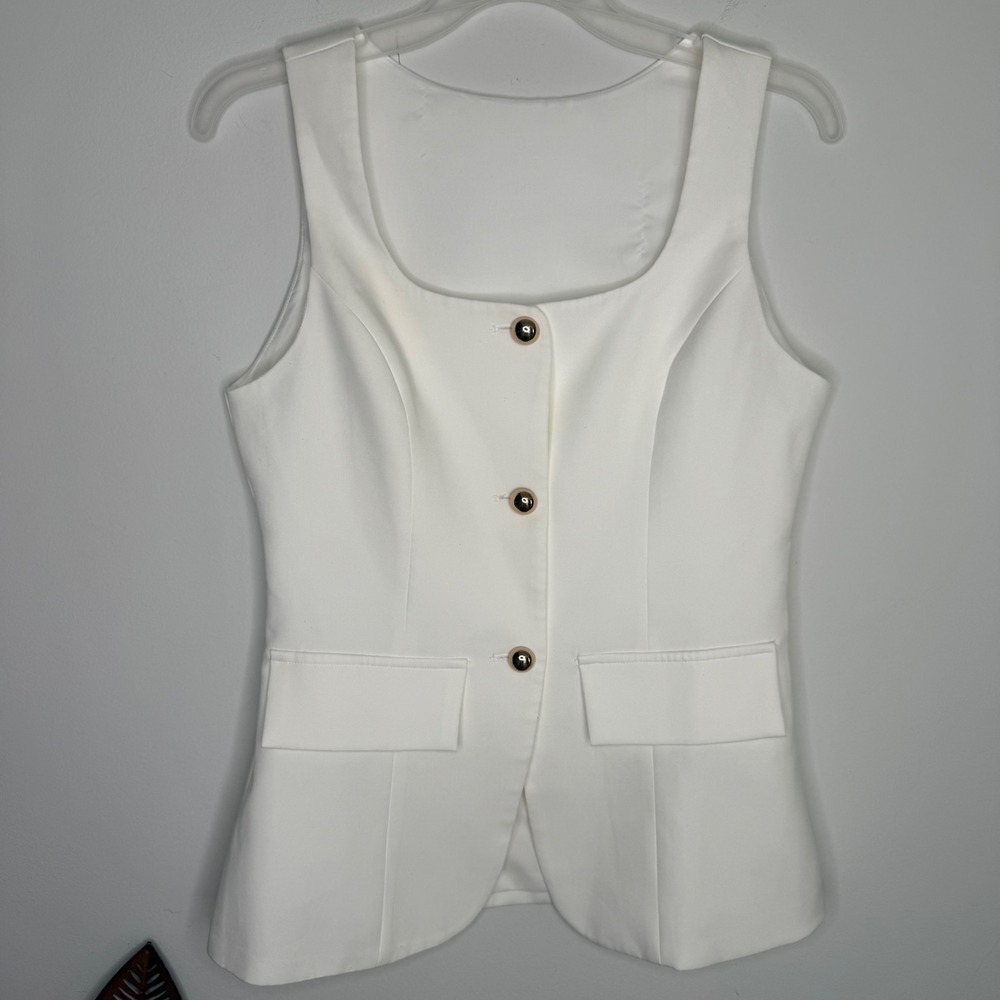 Commense White Sleeveless Blazer Vest Gold Button Square Neck Tailored Top M